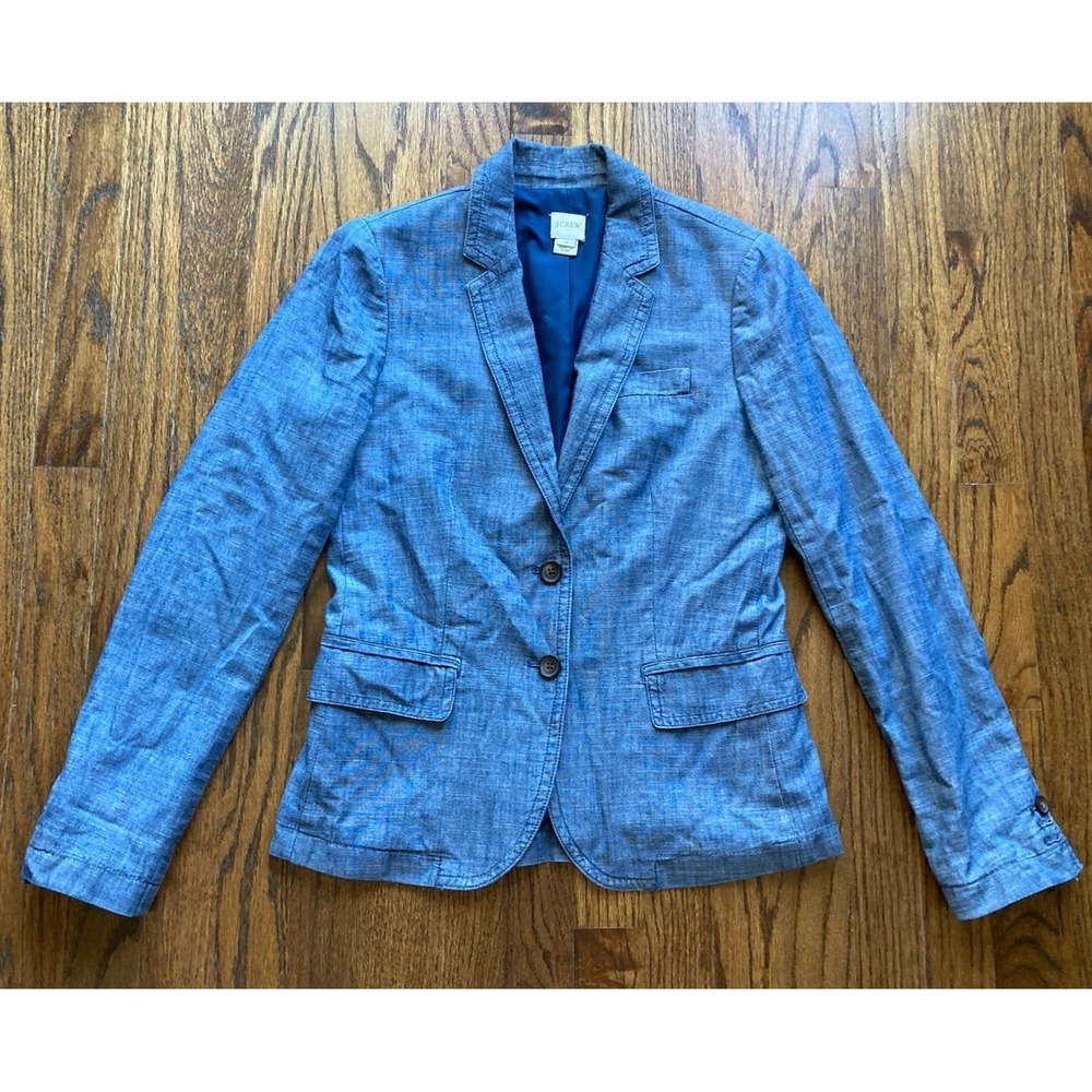 J Crew Chambray Blazer Womens Size 0 Blue Cotton Jacket Schoolboy Office Career